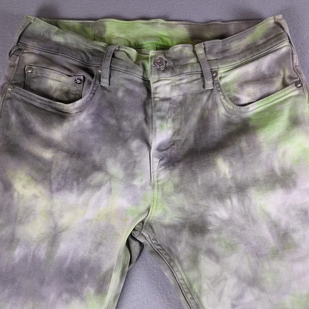 True Religion Tie Dye Jeans Mens 32x29 Gray Green Yellow Straight Leg Back Label